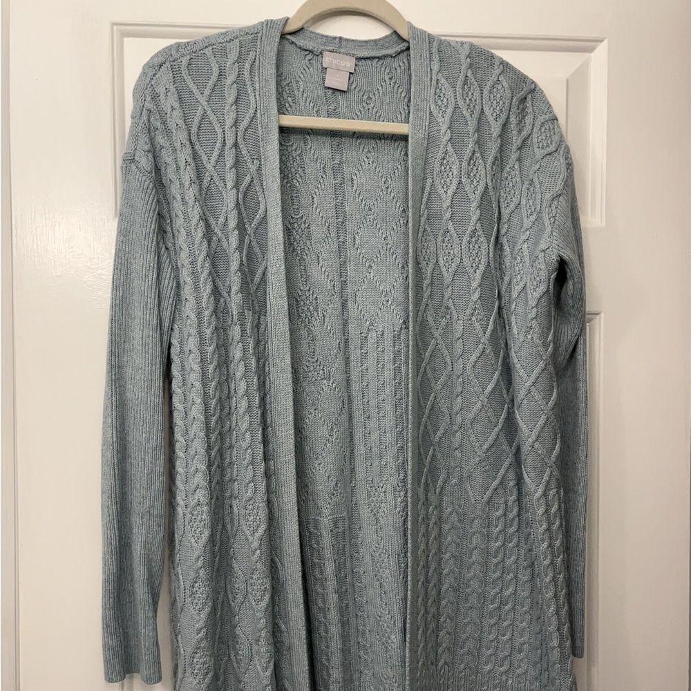 Chicos long cableknit cardigan.